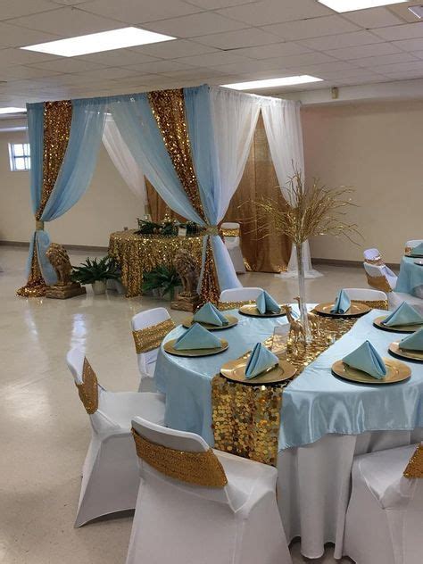 It comes with 5 stunning paper lanterns and 9 flower pom poms to give a unique and elegant look this decorations kit includes a beautiful balloon garland consisting of a variety of blue and silver balloons. Baby Blue, Gold, and Green in 2020 | Baby shower table ...
