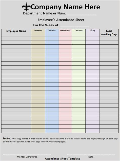 Attendance Sheet Form Free Word Templates