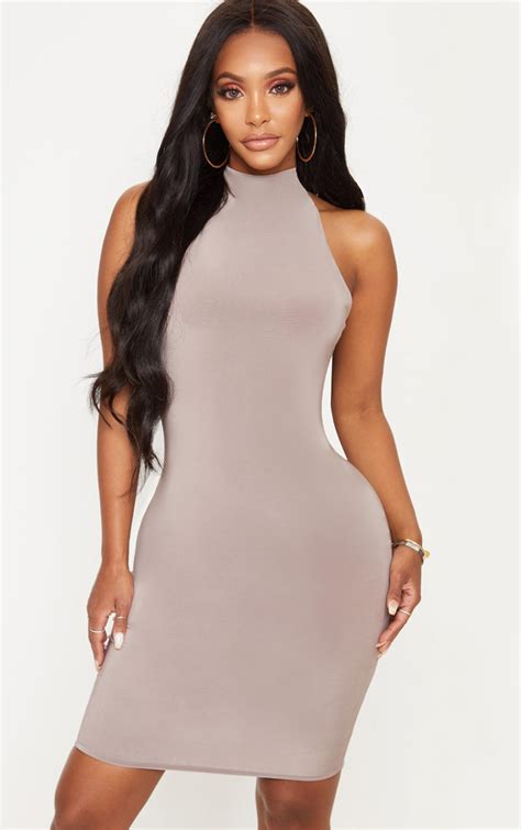 shape taupe slinky bodycon dress curve prettylittlething aus