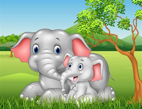 Cartoon Funny Mother And Baby Elephant On Jungle