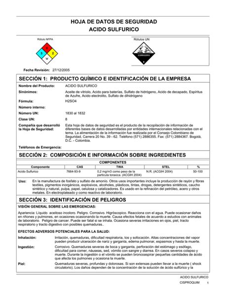 Hoja De Datos De Seguridad Acido Sulfurico