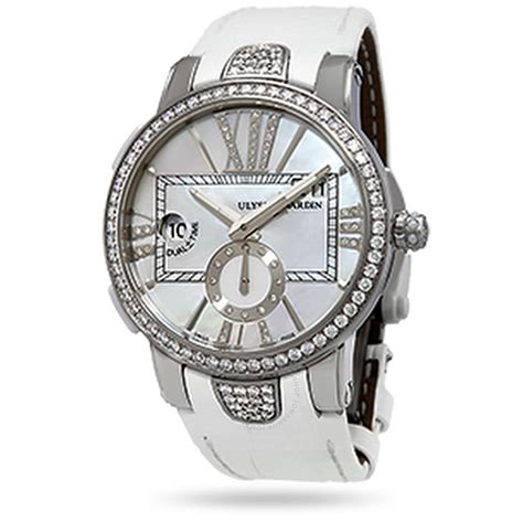 ulysse nardin mother of pearl diamond dial stainless steel white leather ladies watch 243 10b