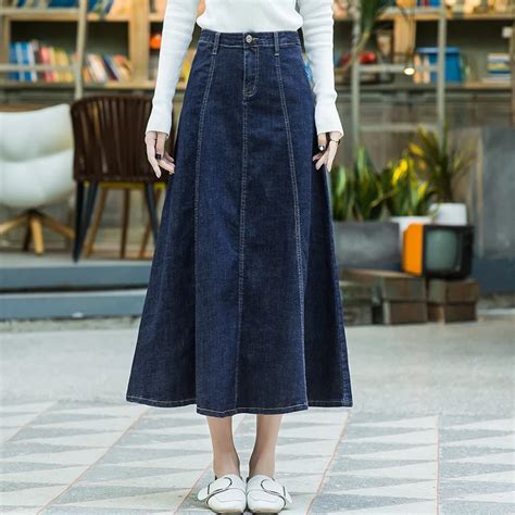 Cotton Blend Denim Skirts For Women Plus Size A Line Empire Ankle Length Skirts Casual Spring