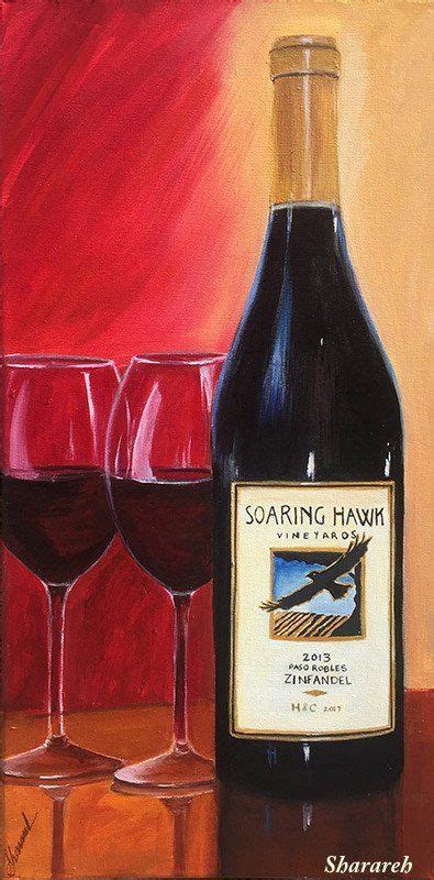 Wine Painting Soaring Hawk Wine Bottle With Two Wine Glasses Giclee