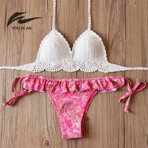 2017 handmade knitted bikini sets lace triangle bikini underwear new womens bathing suit for