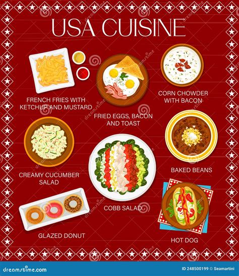 USA Cuisine Menu, American Traditional Food Meals Stock Vector