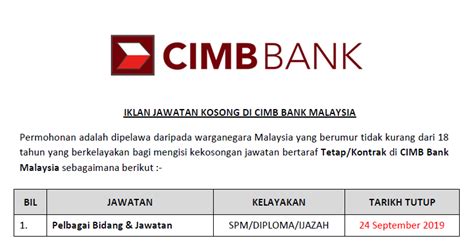 Cimb investment bank berhad level 13, menara cimb, jalan stesen sentral 2, kuala lumpur sentral, kuala lumpur 50470, malaysia p: Jawatan Kosong di CIMB Bank Malaysia - Kelayakan SPM ...