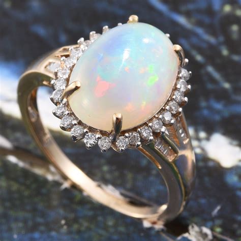 14k Yellow Gold Ethiopian Welo Opal And Diamond Split Ring Jewelry