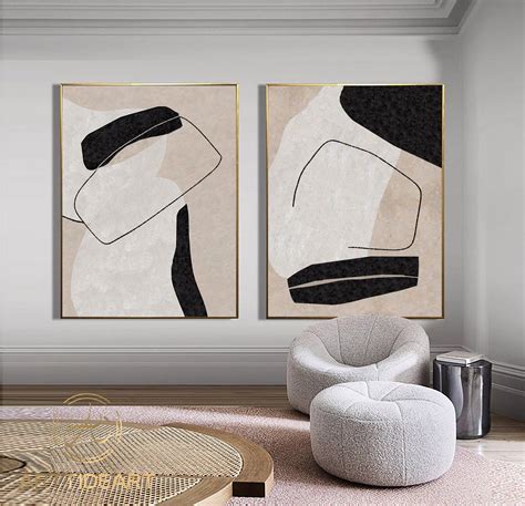 Set Of 2 White Abstract Painting Beige Minimalist Painting Set Etsy