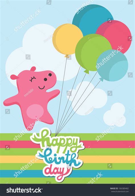 Cute Happy Birthday Card With Fun Hippo Vector Illustration