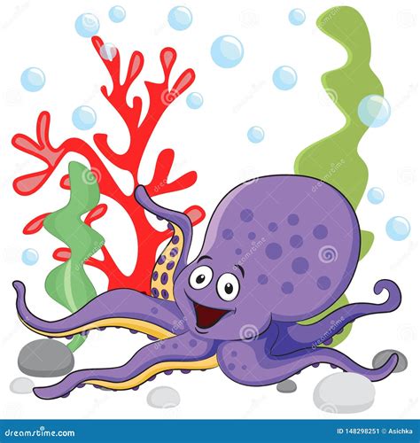 Illustration Of A Purple Octopus Under The Sea Near The Colorful Corals