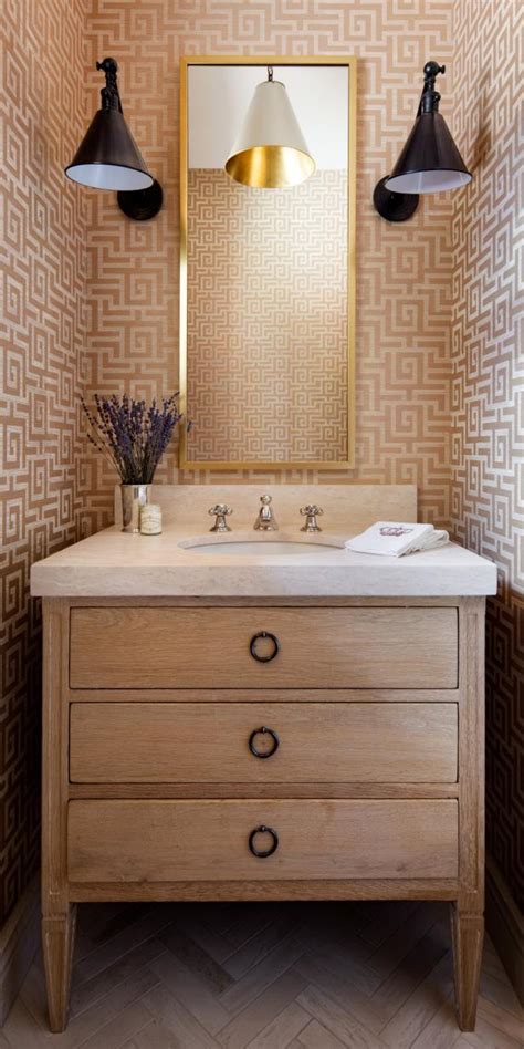 He used a few 2×4 studs and a scrap piece of plywood. Powder Room With Furniture-Style Vanity, Greek Key ...
