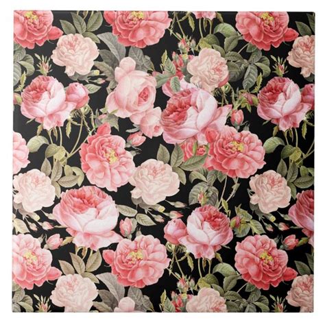 Pink Victorian Roses On Black Pattern Ceramic Tile In 2021