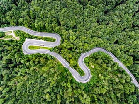 Winding Road In The Forest Aerial View Shot With A Drone Stock Image
