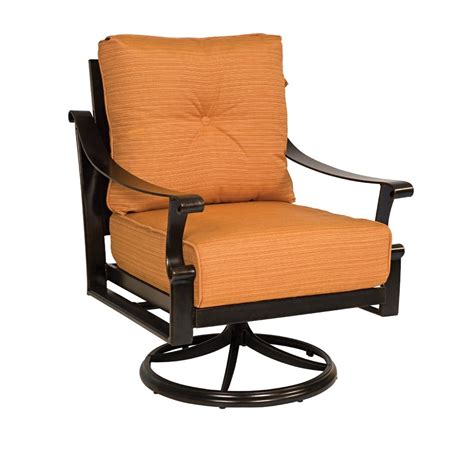 Palm harbor outdoor wicker swivel rocker chair with grey cushions. Woodard Bungalow Cushion Swivel Rocking Lounge Chair | 8Q0477