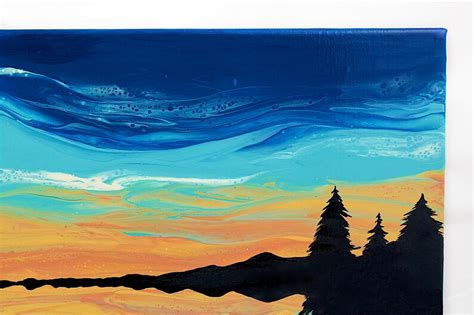 Acrylic Pour Landscape With Silhouette Trees And Hills Vibrant Etsy