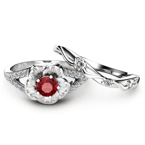 Ruby Engagement Ring Set Unique Flower Rings 14k White Gold Ruby Ring