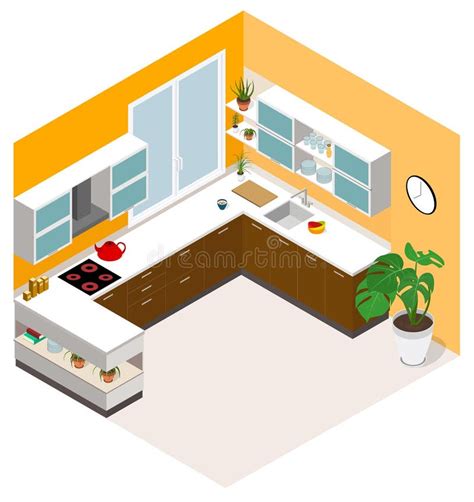 Isometric Kitchen Design Vector Isometric Low Poly Kitchen Room Icon