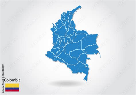 Colombia Map Design With 3d Style Blue Colombia Map And National Flag