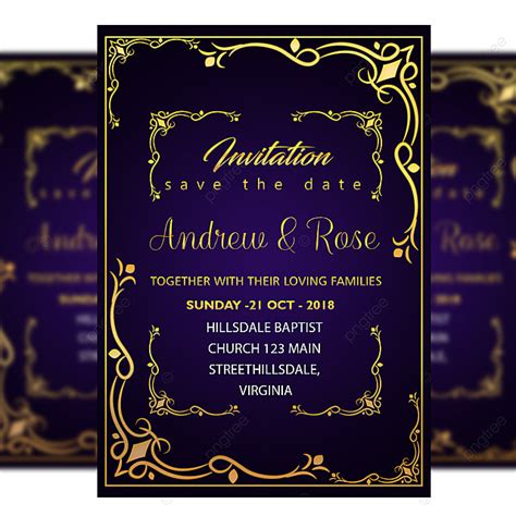 Blue Wedding Invitation Card Template Psd With Gold Frame