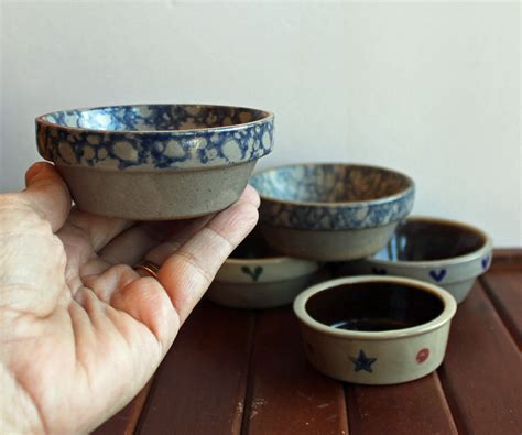 Vintage Miniature Stoneware Bowls Set of 6 Mini Pottery Bowls Gray Blue