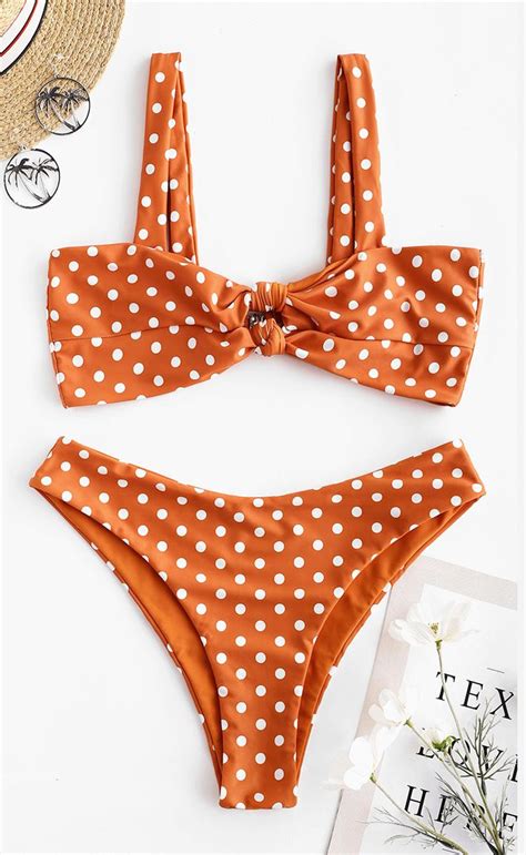Cute Orange Polka Dot Bikini Swimsuit High Cut Bikini Push Up Bikini