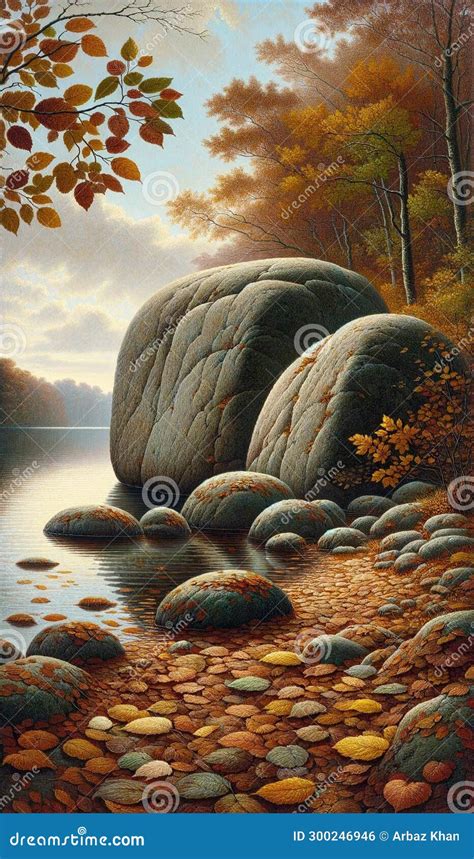 Colors Of Nature Boulders And Fallen Leaves By The Lakeside Painting