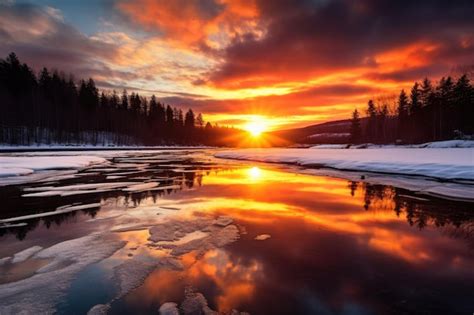 Premium Ai Image Sunset Reflection On A Frozen Lake