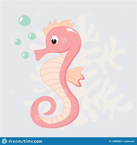 Cute Cartoon Pink Seahorse Vector Illustration Stock Vector