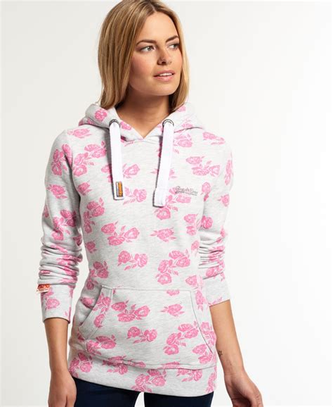 Womens All Over Print Hoodie In Light Grey Superdry Uk