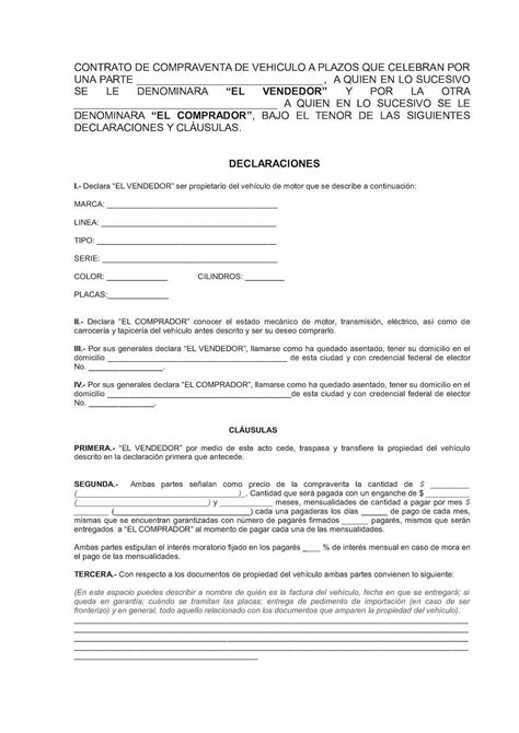 Contrato De Compraventa De Vehiculo A Plazos Contrato De Compraventa Contrato Formato De Carta