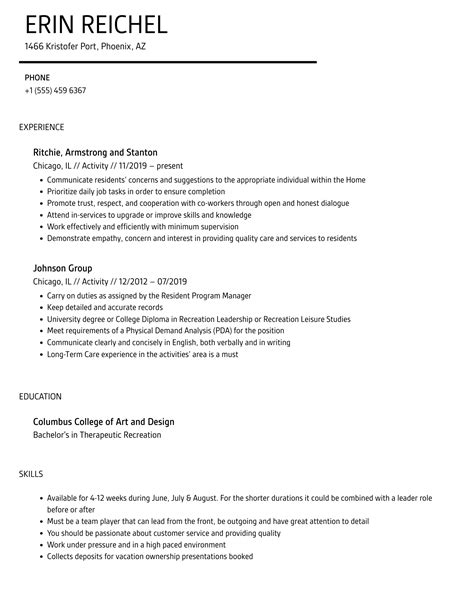 Activity Resume Samples Velvet Jobs