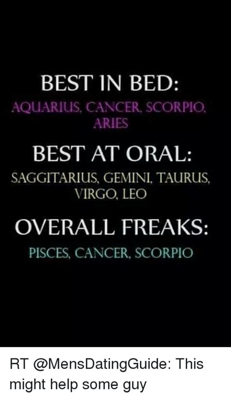 Yes, a fire sign takes the cake here too. Virgo and aquarius in bed.