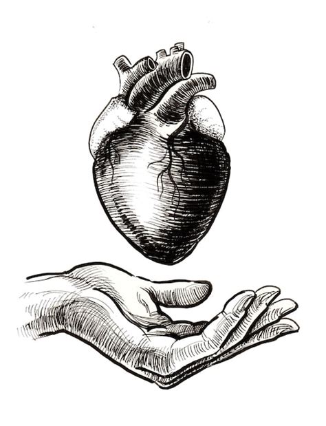 Premium Photo Heart And Hand Ink Black And White Drawing