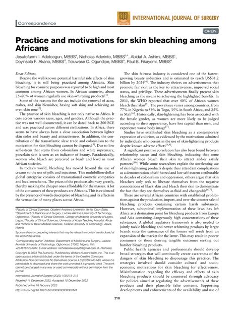Pdf Practice And Motivations For Skin Bleaching Among Africans