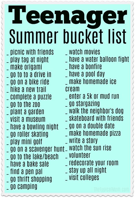 Free Summer Bucket List For Teens Printable Checklist