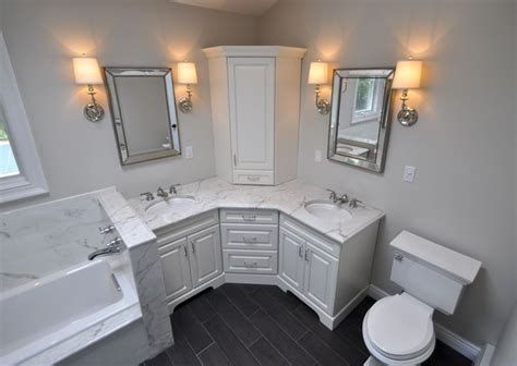 Double sink bathroom vanities are not only for husband and wife, but for siblings also! Image result for corner double vanity | Corner bathroom ...
