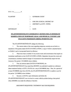 You can choose from a few petitions, including the establishment of paternity, petitions related to divorce in texas, and modification of an existing custody order. motion for emergency temporary custody - Printable ...