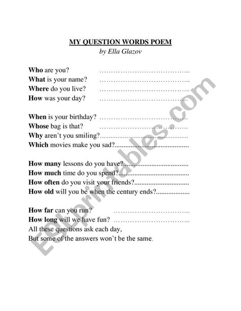 My Question Words Poem Esl Worksheet By Allusenka
