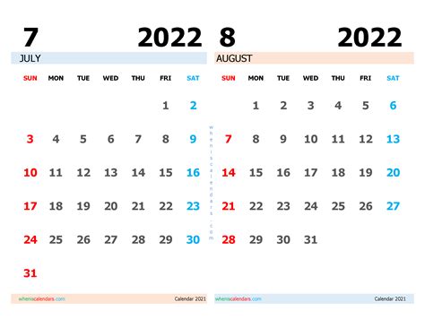 Free July August 2022 Calendar Printable Pdf Image