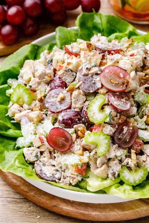 This recipe for chicken salad with grapes, walnuts, and celery, is tossed in a dressing of either sour cream or mayo. Classic Waldorf Paleo Chicken Salad with Apples, Grapes ...