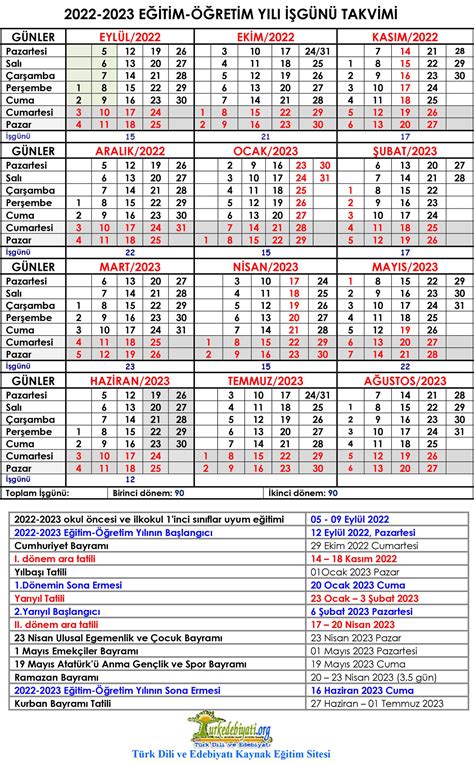 2022 2023 Meb Çalışma İş Günü Takvimi Türk Dili Ve Edebiyatı