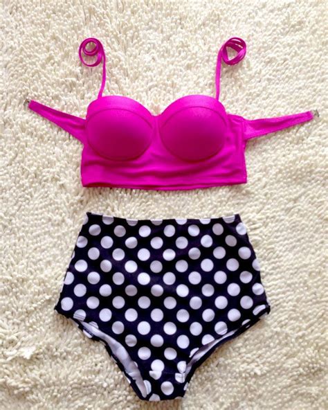 Neon Pink Halter Two Piece Swimsuit Featuring Polka Dots High Waisted