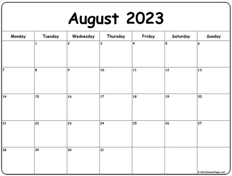 August 2021 Monday Calendar Monday To Sunday