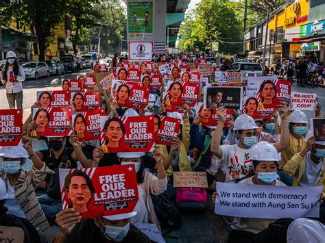 People join a rally against the military coup to demand the release of elected leader aung san suu kyi, in yangon, myanmar. U.S. To Impose Sanctions On Myanmar Military Officials ...