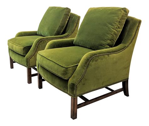 Modern Traditional Style Overstuffed Green Velvet Club Chairs A Pair