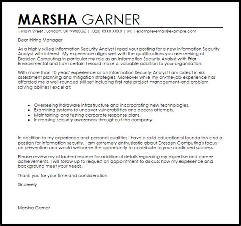 This letter is to express my interest in your posting on linkedin for a senior information security analyst. Information Security Analyst Cover Letter Sample | Cover Letter Templates & Examples