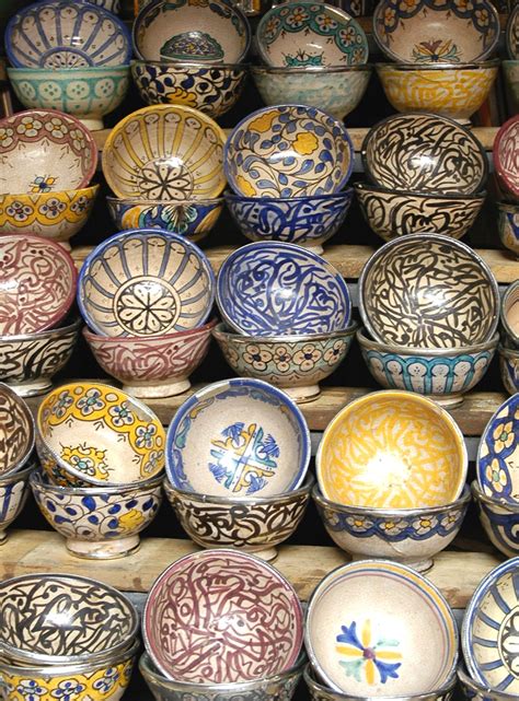 Hand Painted Ceramic Bowls At A Street Market In Marrakech Morocco