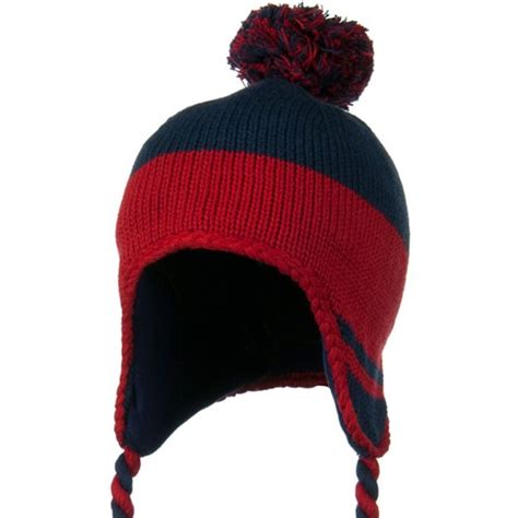 Peruvian Style Knit With Ear Flap Ski Beanie Navy Red Winter Hats