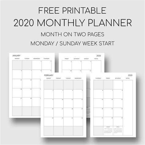 Printable 2020 Monthly Planner Month On Two Pages